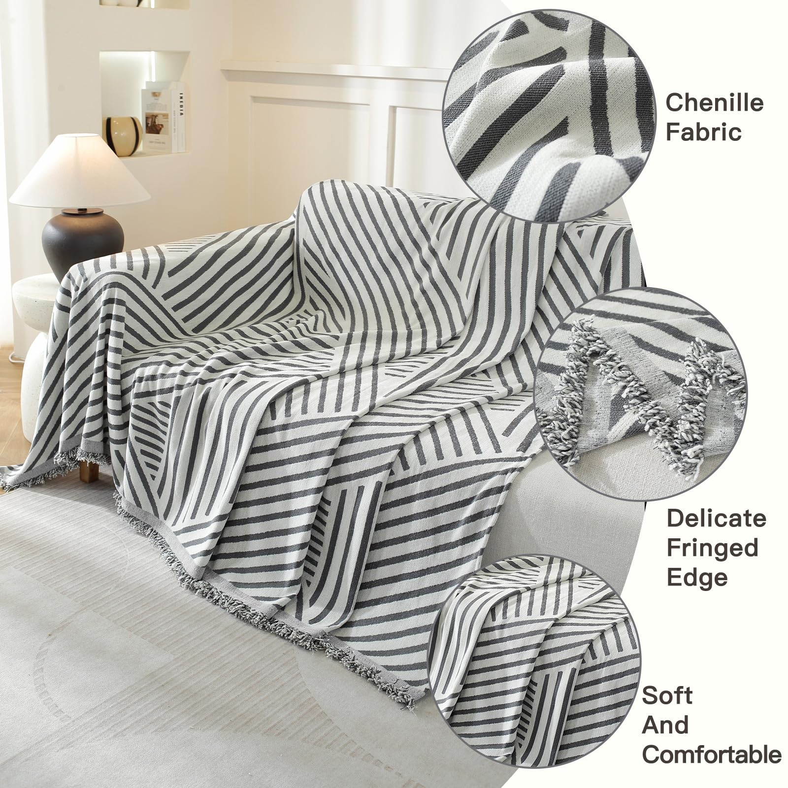 YSTELLAA Copridivano 3 Posti, 180×340CM, Telo Copridivano Universale Quattro Stagioni, Copritutto Per Divano Arredamento Per La Casa, Antimacchia, Lavabili, Grigio Scuro-Line
