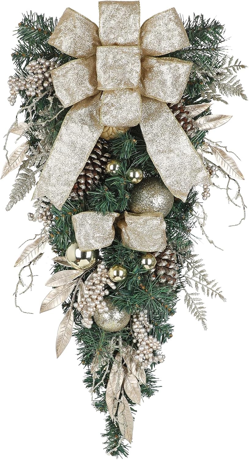 Christmas Teardrop Swag for Front Door with Ornaments, Berries, Bow, 27.5" Christmas Swag Wreath for Stair Window Wall Mantel, Artificial Xmas Swags Garland for Winter Holiday Decorations, Champagne