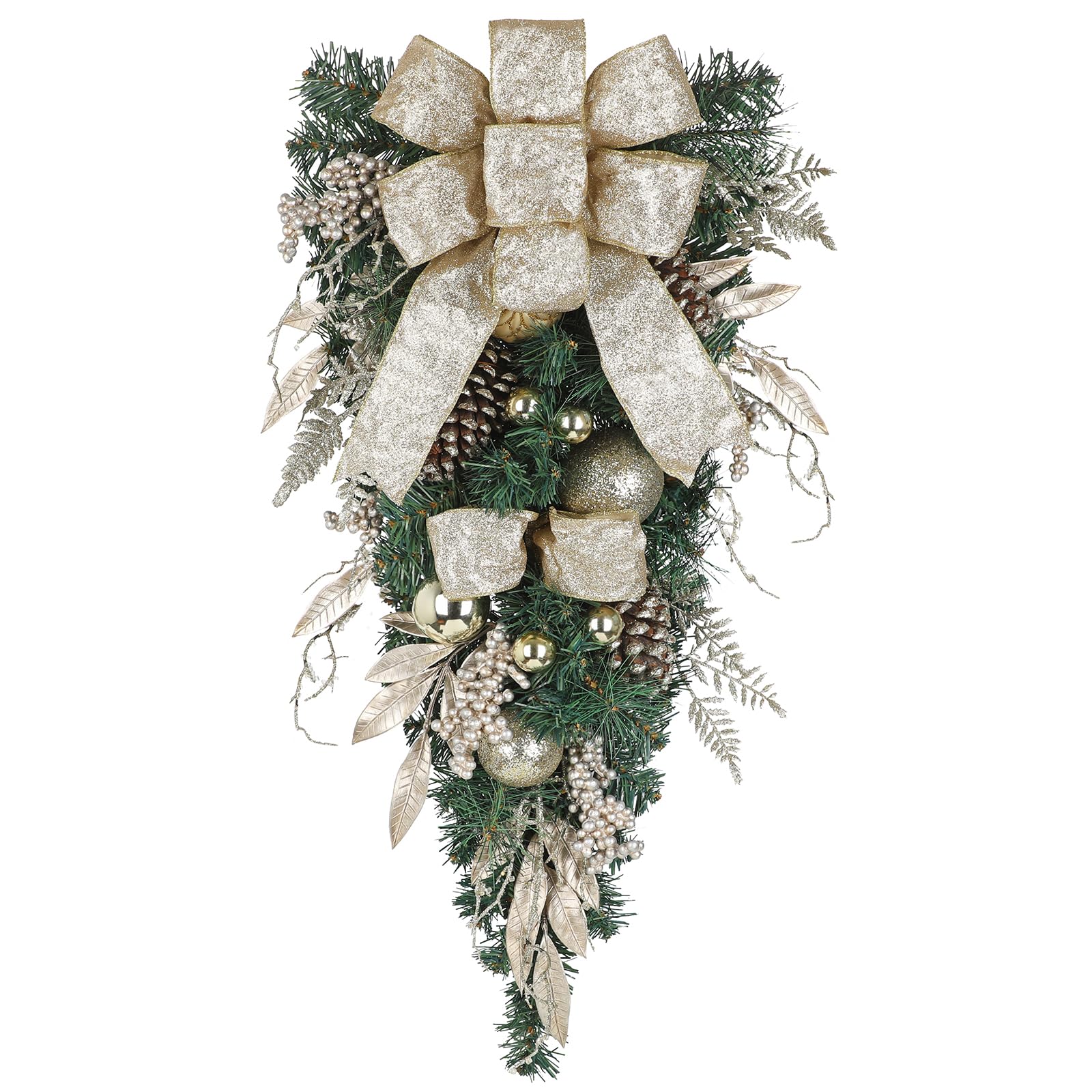Hollyone Guirlande de Noël en Forme de Gouttes 70 cm Décoration de Noël Teardrop Swag Champagne avec Boules de Noël Baies Pommes de pin Nœud Ornements Suspendus pour Porte d'entrée