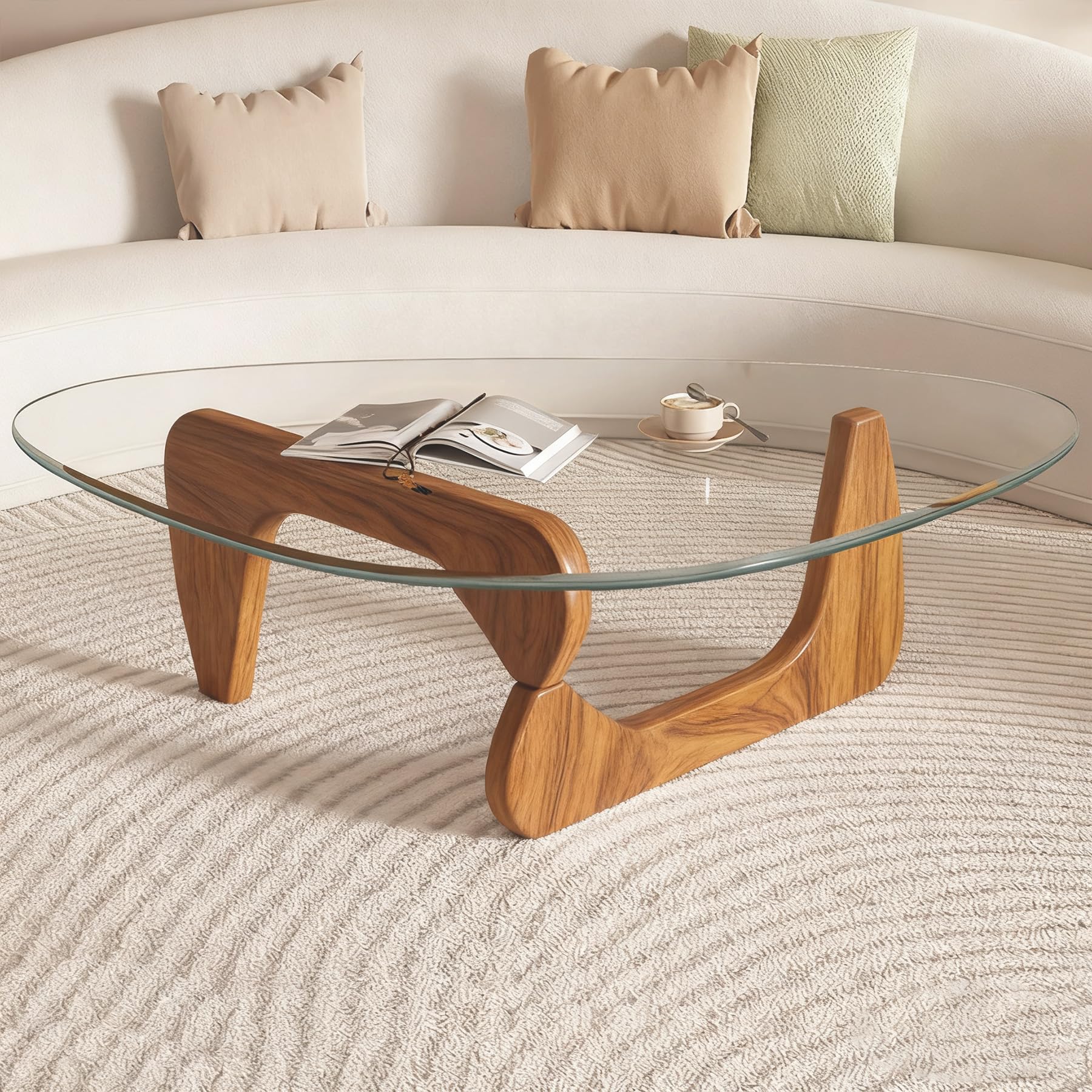 PRITIY Triangle Coffee Table with Wooden Base Clear Glass Top Mid-Century Glass Table Abstract End Table for Living Room Home Office (Walnut/
