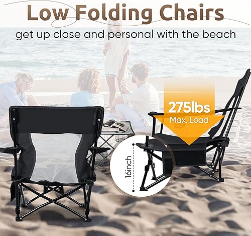 Miniatura 7 de HaSteeL Juego de 3 sillas de playa plegables, sillas de camping negras plegables y mesa gris para exteriores, silla de playa baja portátil para