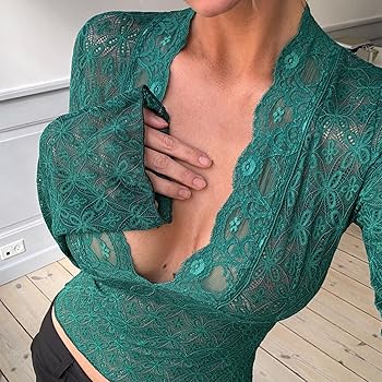 トップス S framed lace tops Sexy Deep V Neck Lace See Through Shirt Low Cut Slim Fit Floral