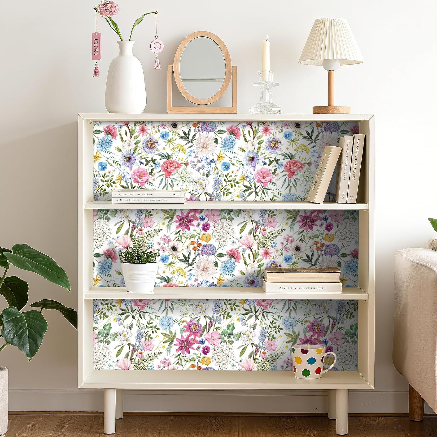 ReWallpaper 15.8inx23ft Pastel Pink Blue Floral Peel and Stick Wallpaper Cottage Core Peony Lily Daisy Poppy Flowers Self Adhesvie Wall Covering for Girls Room Living Room Bedroom Laundry Room Accent