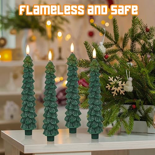 Miniatura 3 de Velas de árbol de Navidad con temporizador remoto, 4 velas cónicas cerosas sin llama parpadeantes, candelabros LED a pilas con mecha de llama 3D,