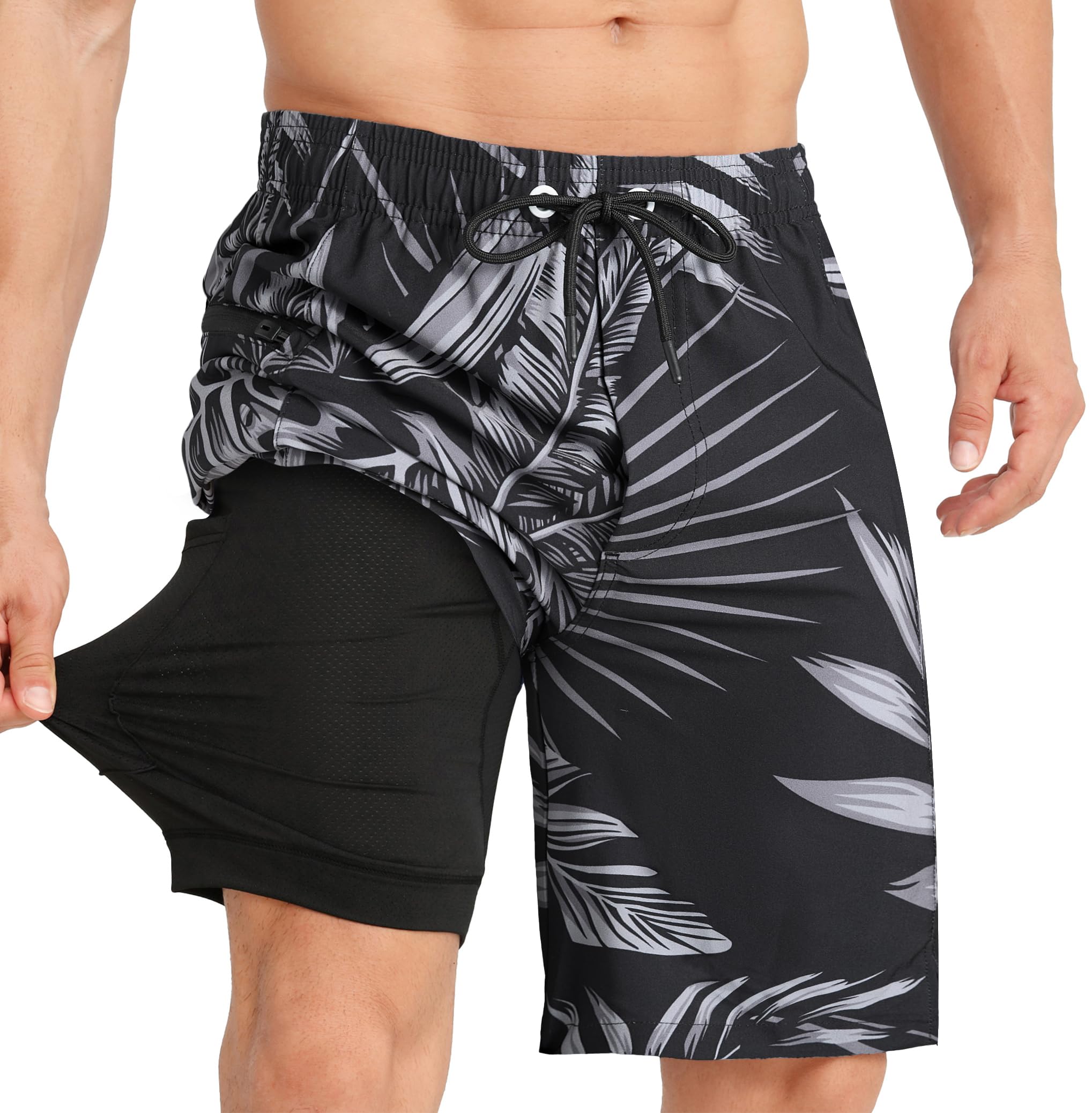 APTRO Herren Badehose Lang mit Kompression Liner Schnelltrocknend Badeshorts Schwimmhose 2 in 1 Badehosen mit Reißverschlusstasche Innenhose Surfen Strandhose
