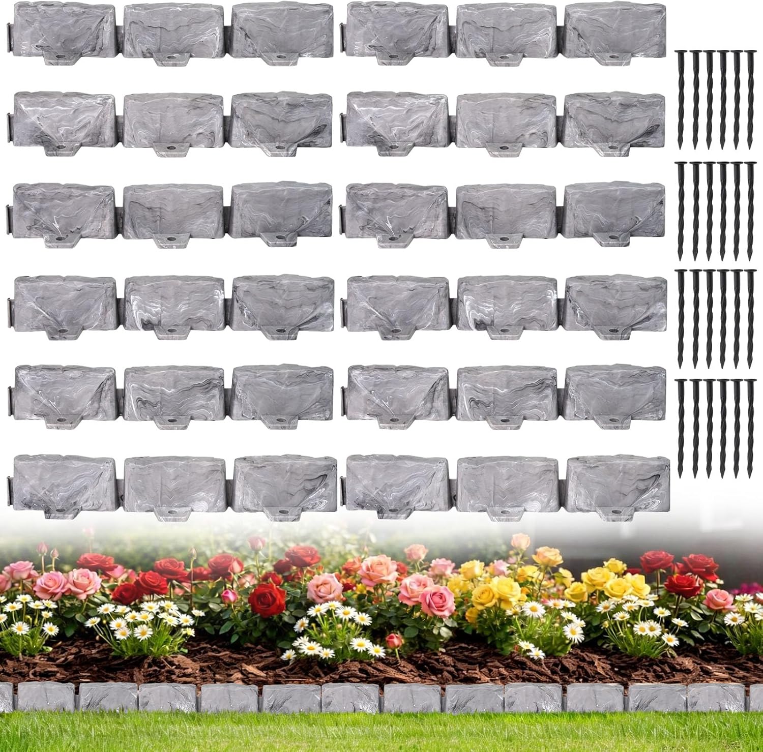 Landscape Edging Faux Stone Garden Edging Border,2.75 in Tall Decorative Stone-Look Garden Border for Flower Bed Edging,Lawn,Landscaped Yard,Trees and Gardens,with Anchoring Spikes,17FT,Gray