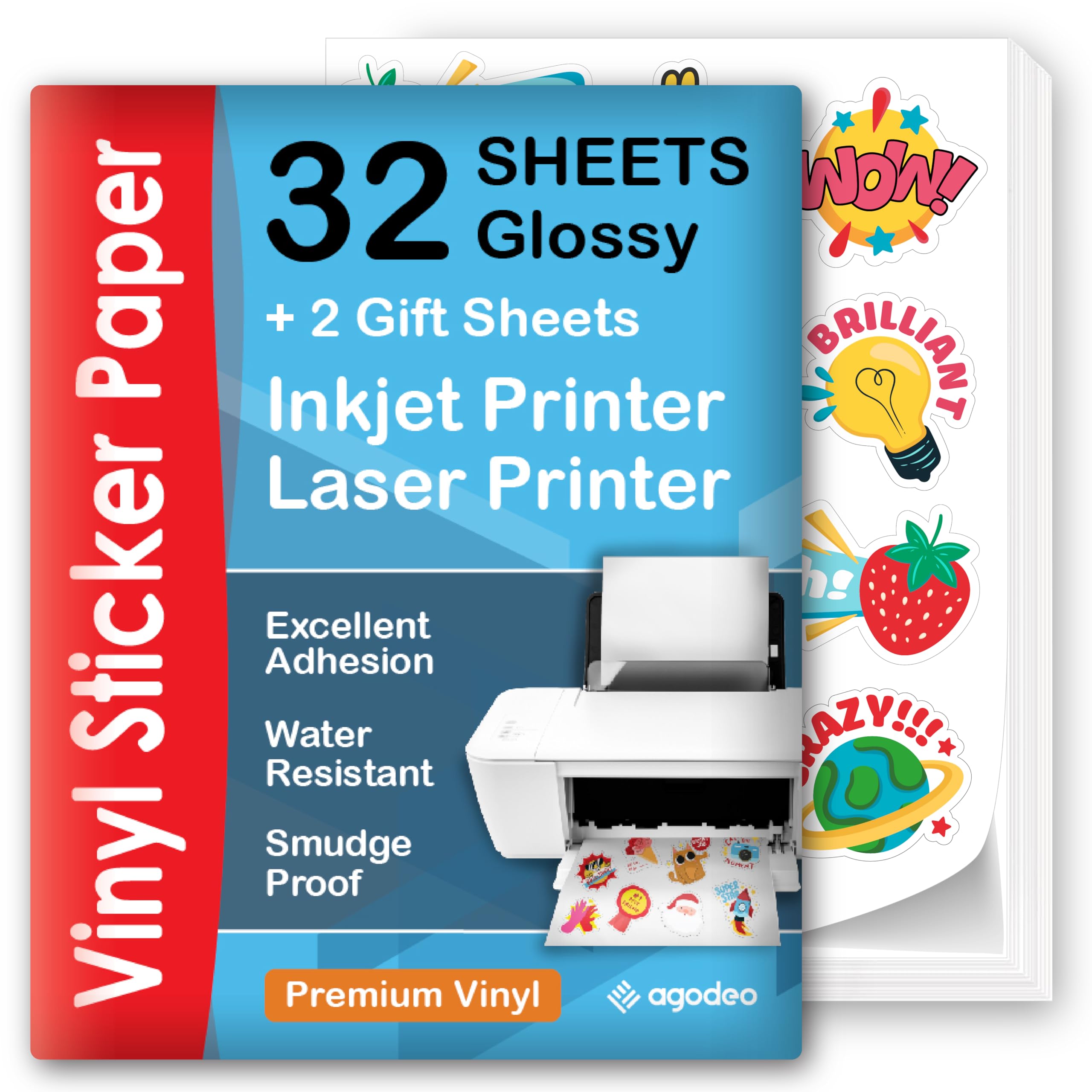 Premium Printable Vinyl Sticker Paper - 32 Sheets - Glossy A4 - Waterproof - Laser & Inkjet Vinyl Sticker Paper - Printable Sticker Paper - for Cricut (32)