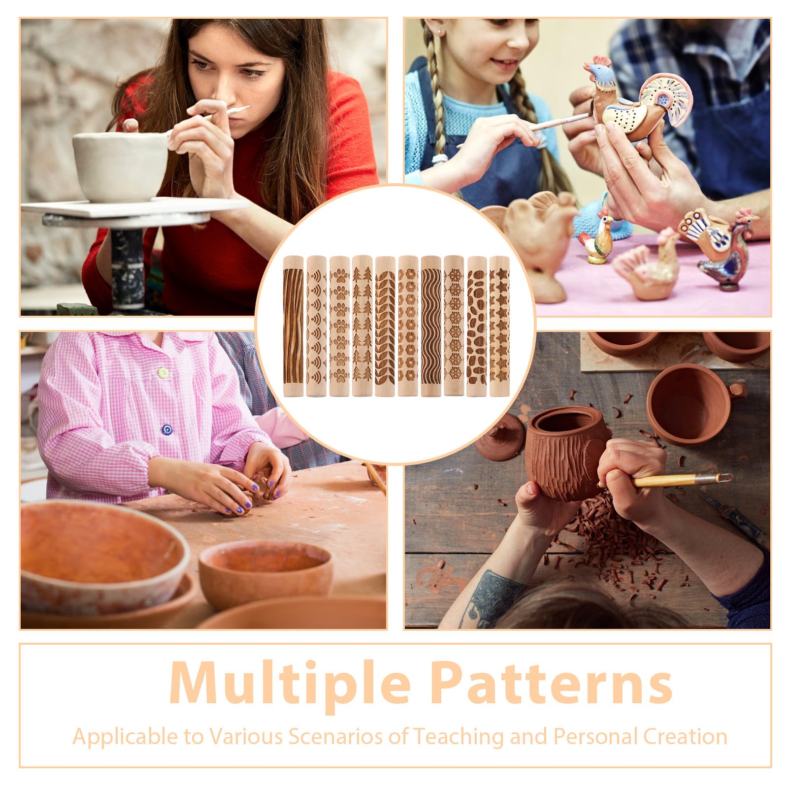 Kichvoe Set 10 Pezzi Rulli di Legno per Argilla Texture Varie, Strumenti Artigianali per Ceramica, per Modellare Argilla in attività DIY e Corsi Creativi