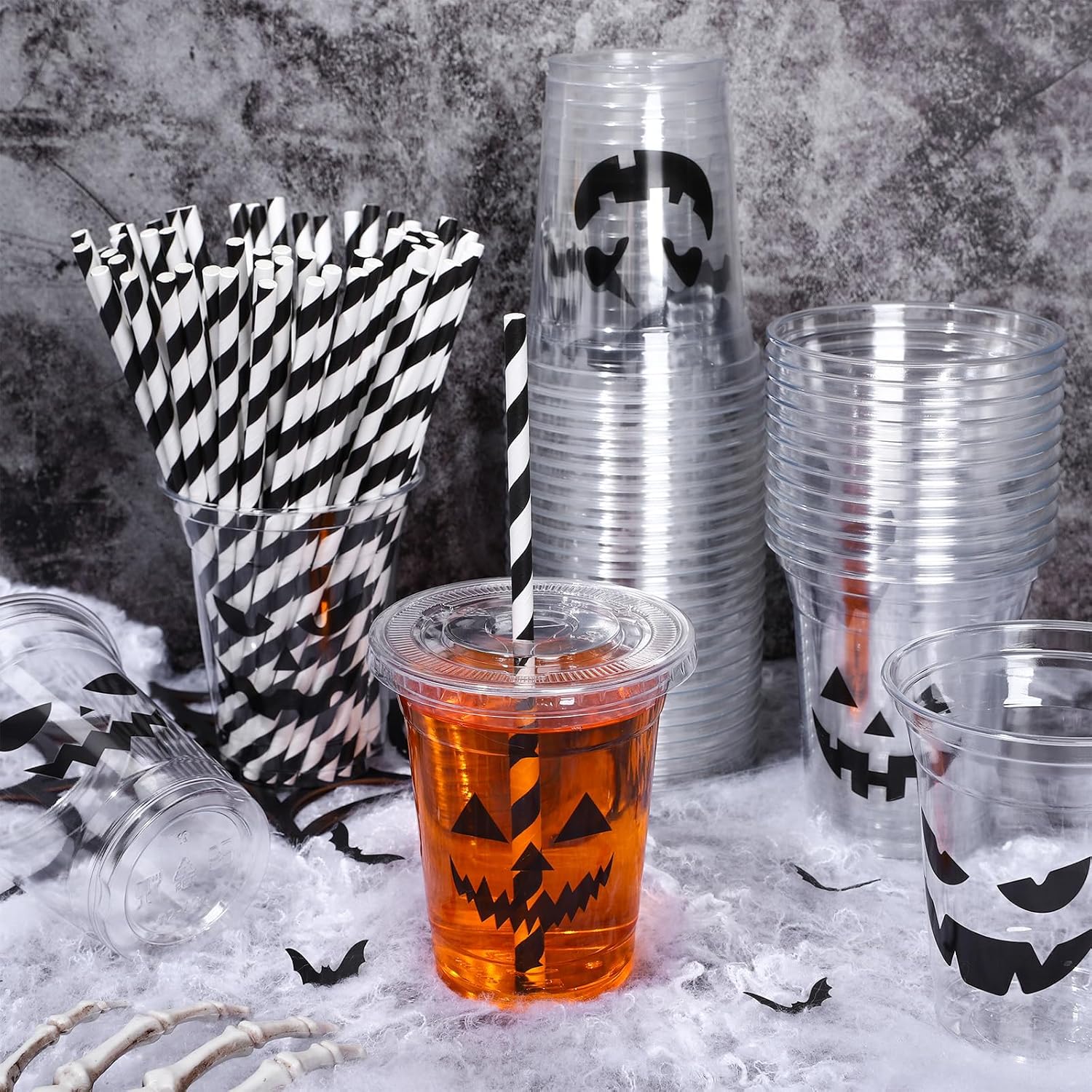 Whaline 60Pcs Halloween Disposable Plastic Cups with Lids and Straws 12oz Jack-O-Lantern Pumpkin Cold Beverage Drinking Cups Scary Printed Party Cup for Trick or Treat Party Supplies - Image 4