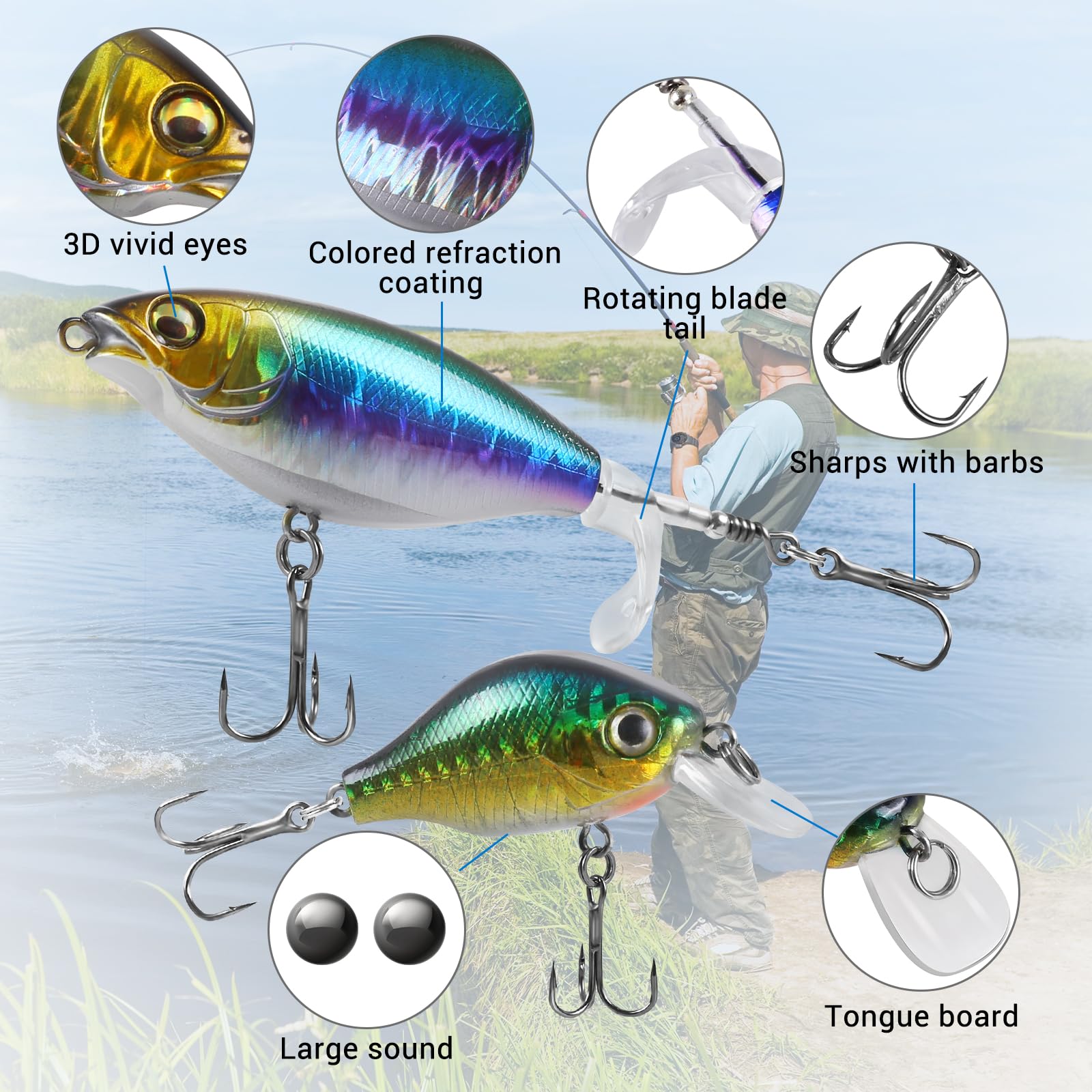 Whopper Lure Plopper 52 Pcs Fishing Lures Kit with Tackle Box, for Freshwater and Saltwater, Trout Baits, Bass Lures, Fishing Gifts for Fisherman