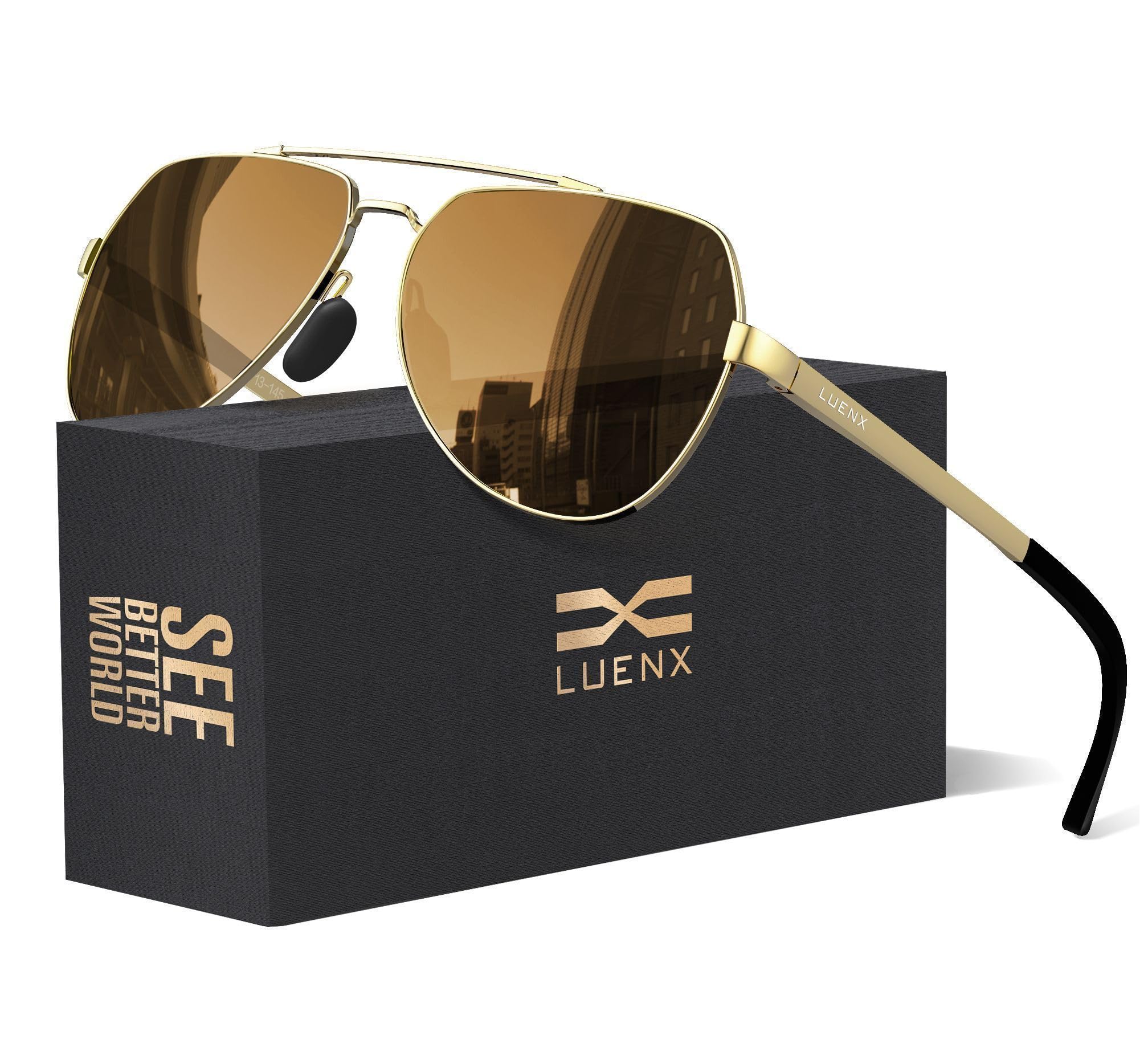 LUENX Aviator Sunglasses Mens Womens Polarized Brown Lens Gold Metal Frame Large 60mm