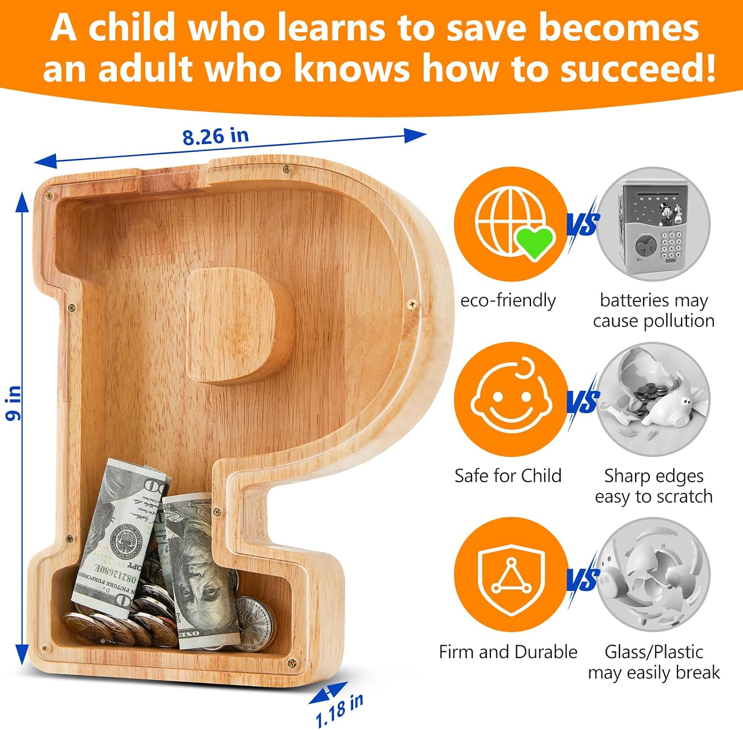 Wooden Initial Piggy Bank - Large Solid Wood Money Box for Kids - Personalized Letter Money Bank, Unique Educational Gift Decor for Baby Shower, Birthday & Nursery (P) image 3