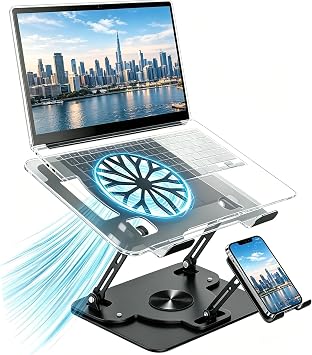 Laptop Stand for Desk with Quiet Cooling Fans - 360 Rotating Base Ergonomic Computer Stand, Aluminum Laptop Riser Foldable Protable for Office Home fits MacBook Air Pro, Dell, HP 10-17.3 black