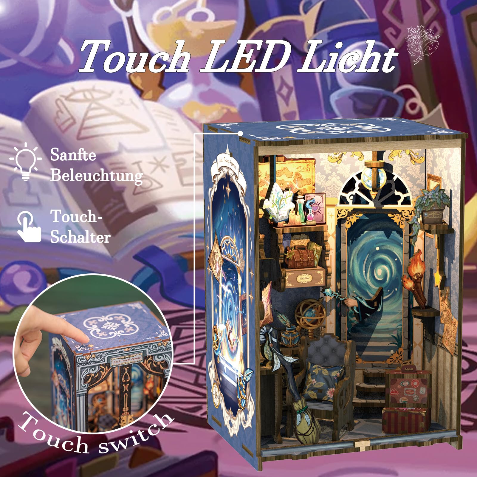 Cutefun Book Nook - Kit per la casa delle bambole in legno, fai da te, in miniatura, per la casa delle bambole, per la libreria, per le case, con luci a LED, decorazione per libreria, Soul Travel