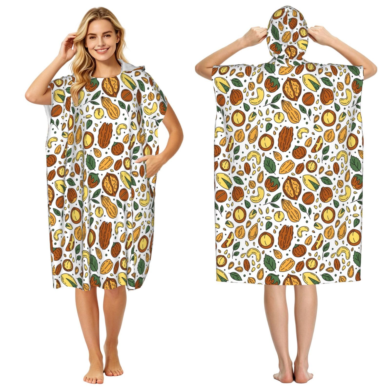 Poadnly Doodle Style Nuts Seeds, Adult Hooded Beach Towel 90 x 110 cm,Changing Bath Robe, Surf Poncho Towel For Women Men