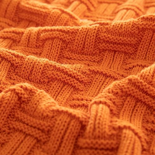 Miniatura 5 de Manta de punto trenzado de algodón naranja, acogedora manta de punto cálido para sofá, 60 x 80 pulgadas