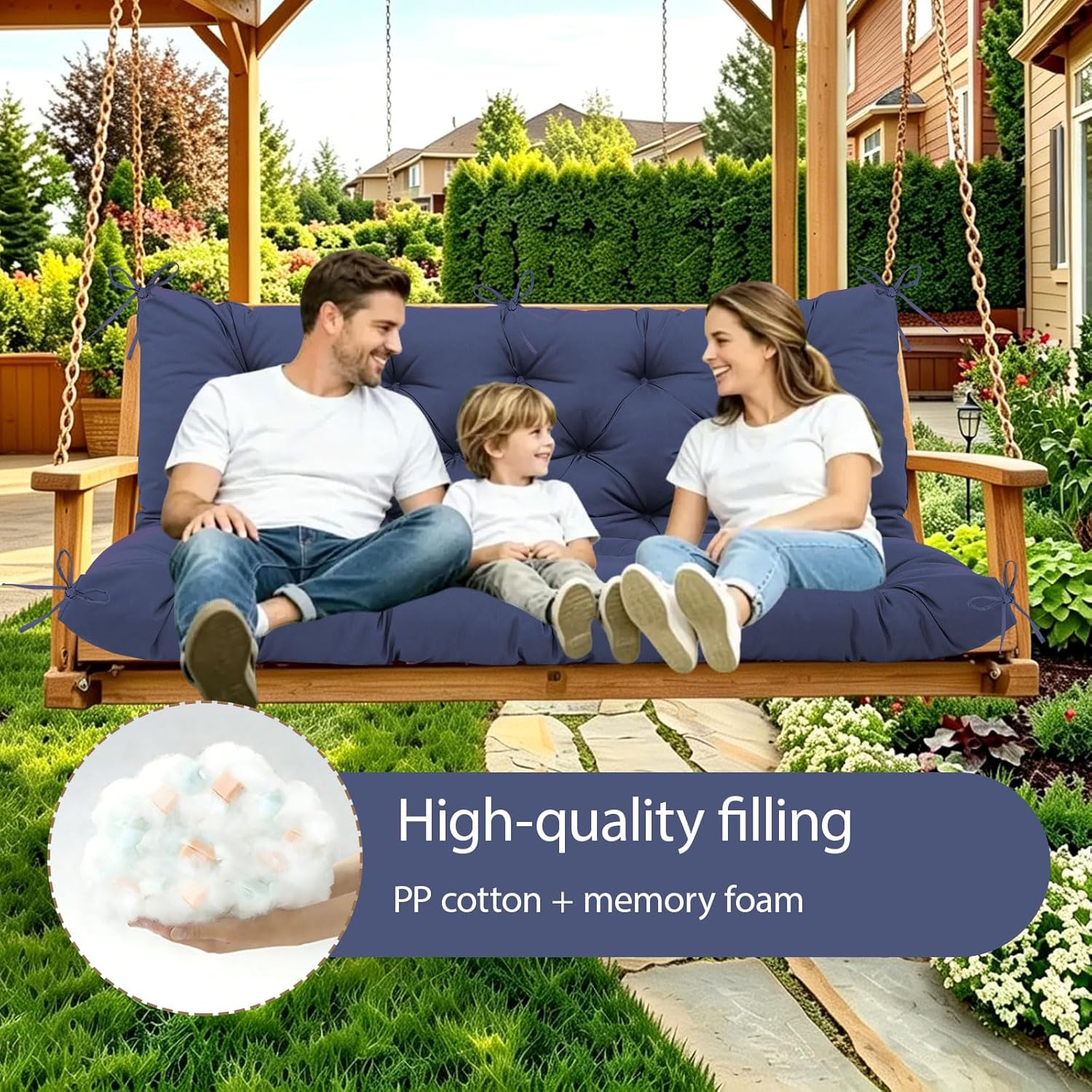 Durable Extra 5" Thick Waterproof Porch Swing Cushions Outdoor 60 inch Swing Cushions 3 Seater Replacement Fade-Resistant with Backrest and Ties, for Outdoor Patio Long Bench Furniture(Navy Blue)