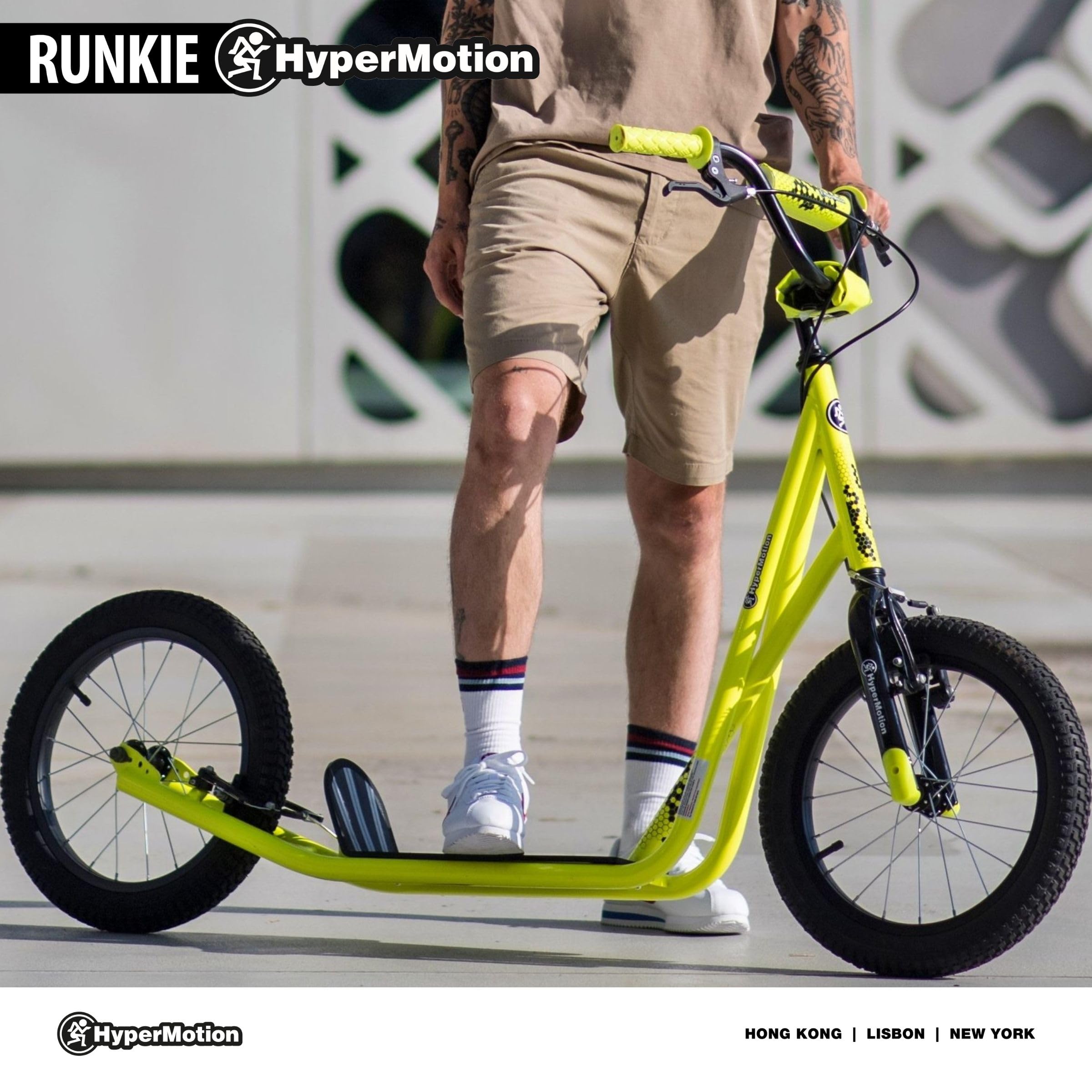 HyperMotion Runkie Patinete Urbano 16 Pulgadas Ruedas Inflables, Manillar Ajustable, Doble Freno Manual, para Niños Desde 8 Años, Jóvenes y Adultos, Amarillo