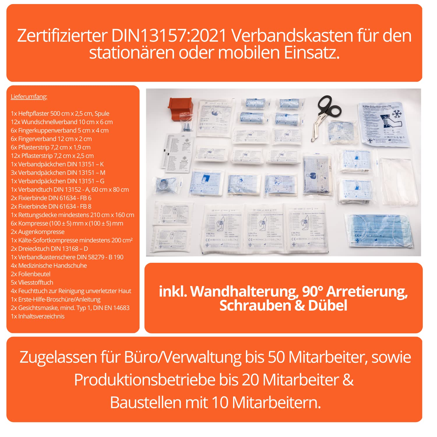Erste Hilfe Kasten DIN 13157:2021, Erste Hilfe Koffer - MEDIUM - mit Wandhalterung, Verbands-Kasten gemäß ASR, aus ABS-Kunststoff - bruchsicher & schlagfest - mit Platz für mehr - Typ M, HierBeiDir