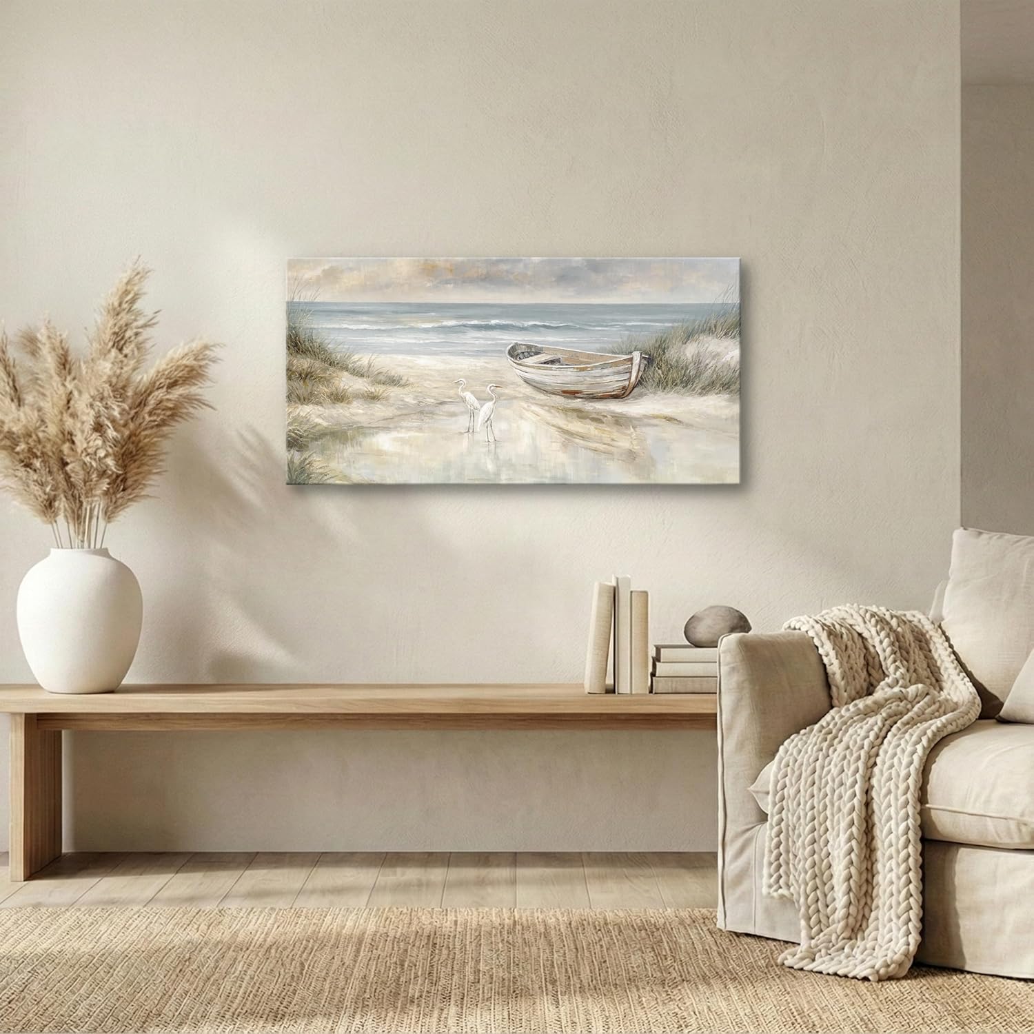 SENROLAN Coastal Wall Art Canvas, Horizontal Seascape Wall Decor with Boat and Birds, Neutral Ocean Picture for Bedroom, Beach Artwork Ready to Hang for Small Wall Space, 20x40 Inch