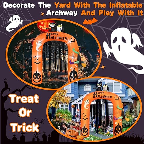 Miniatura 4 de Decoración inflable de arco inflable de Halloween de 9 pies de alto, decoración iluminada de Halloween con gato, búho y bruja en arco, arco inflable