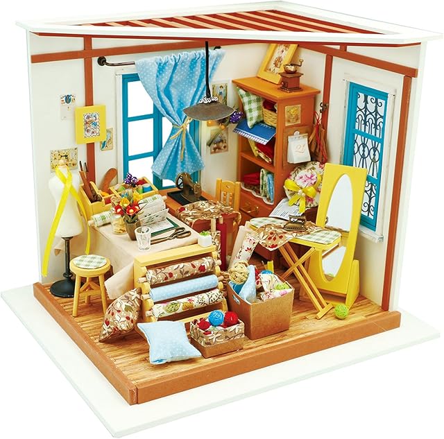 ROBOTIME DIY Dolls House Sewing Room, Miniature Craft Kits 3D Wooden Model Building, Diorama Furniture and Accessories Christmas Birthday Gift for Kids and Adults