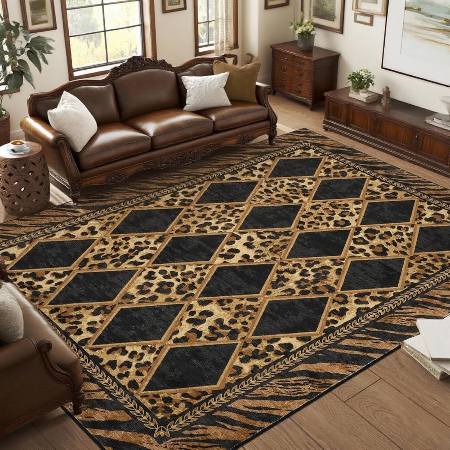 Garvee Leopard Rugs for Living Room 5x7, Washable Animal Print Large Area Rugs for Bedroom Non Slip, Soft Low Pile Checkered Indoor Carpet for Dining Room, Brown/Black