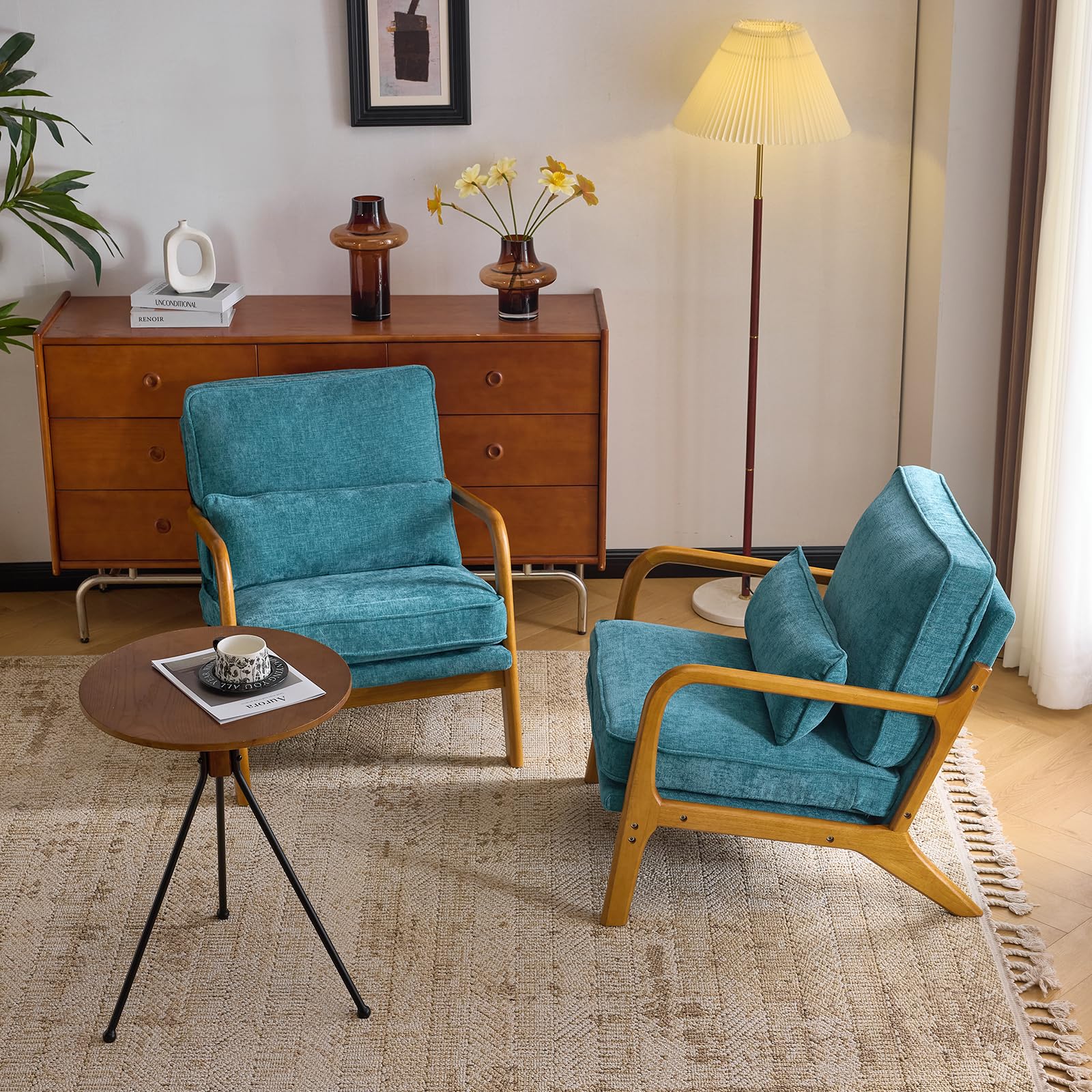 Bonnlo Accent Chair, Soild Wood Padding Lounge Armchairs Set of 2, Occasional Reading Chair with Cushions and Lumbar Pillow, Armchairs for Living Room, Bedroom, Guest Room, Chenille, Elegant Blue