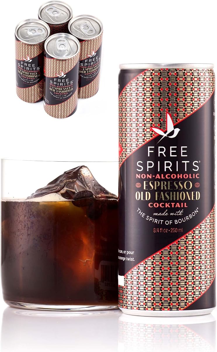 Free Spirits Zero Proof Espresso Old Fashioned Mocktail, 8.4 fl oz, 4 Ct. | Rich Bourbon Flavor Style Non-Alcoholic Ready-to-Drink, Low Calorie, Bar Quality, Vegan, Gluten-Free, Made In The USA