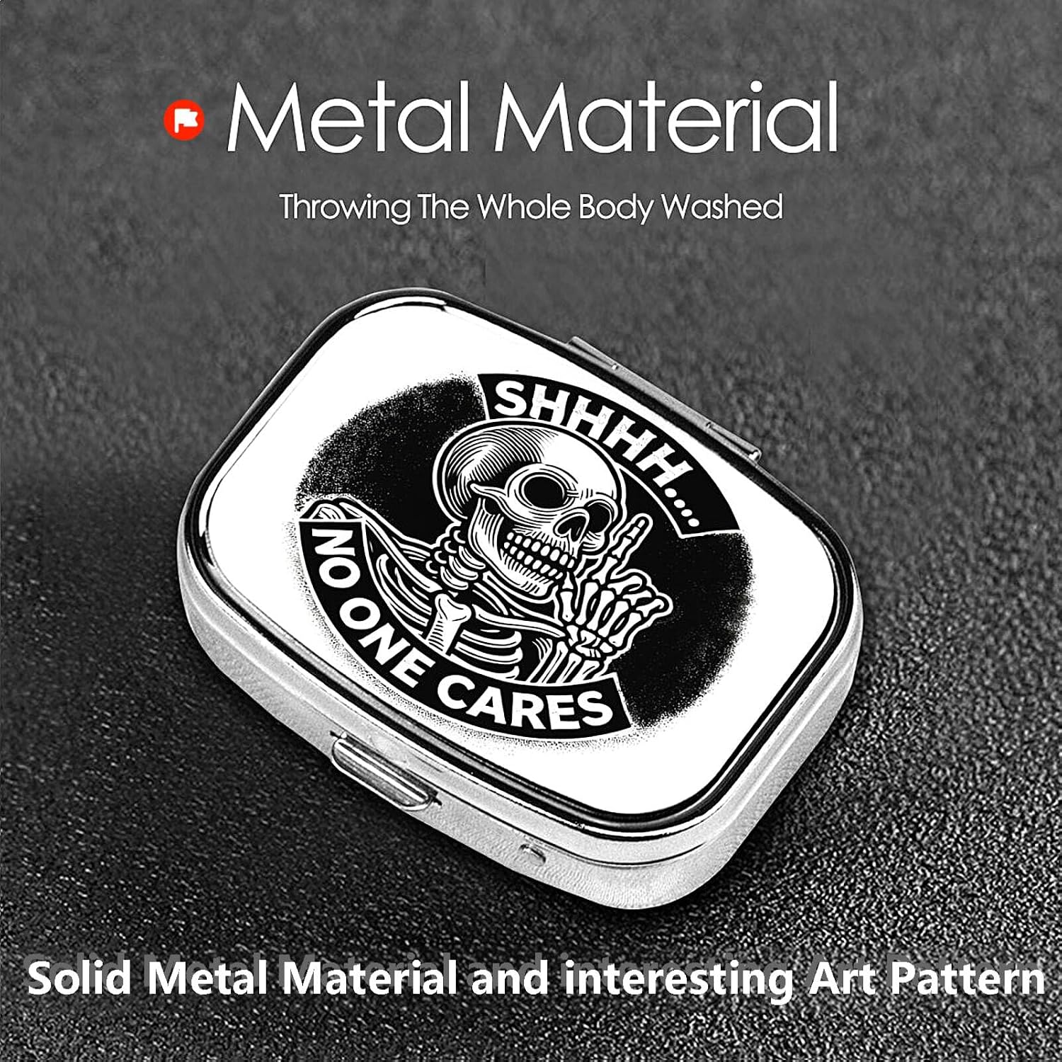 ABLESKY Pill Box, 2 Compartment Pill Organizer Case for Pocket or Purse, Small Portable Metal Travel Medicine Box with Mirror, Daily Vitamins Fish Oil Container-Funny Skull No One Cares image 5