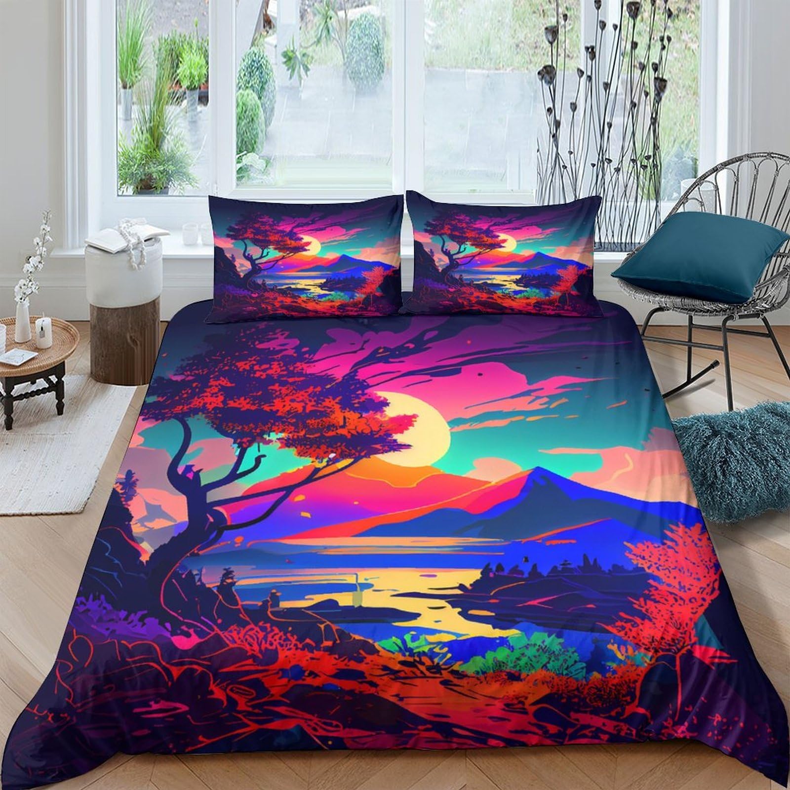 Ctjqhvkz Style-1 3D Printed Sunset Lake Landscape Fitted Sheet Microfiber Soft Breathable Dream Forest Mattress Cover Bedroom Decor Single（135X200cm）