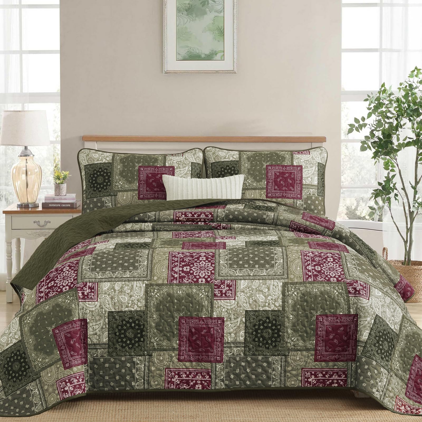 Cottolester Boho Quilt Set Queen, Green Plaid Floral Bedspread Coverlet Set