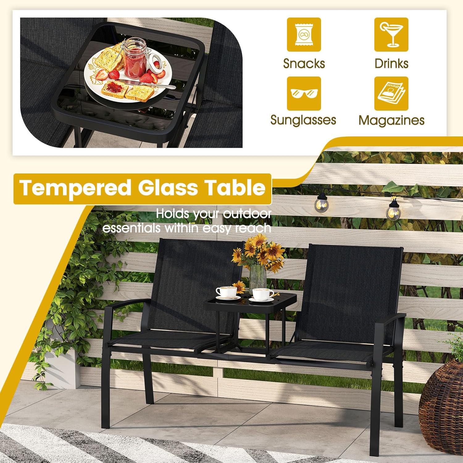 Tangkula Patio Loveseat with Built-in Table, 2-Seat Small Balcony Furniture with Breathable Fabric, Heavy Duty Metal Frame, Tempered Glass Tabletop, Outdoor Seating Bench for Porch Backyard Garden