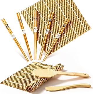 Sushi Making Kit, Delamu Bamboo Sushi Mat, Including 2 Sushi Rolling Mats, 5 Pairs of Chopsticks, 1 Paddle, 1 Spreader, 1 Beginner Guide PDF, Roll On, Beginner Sushi Kit