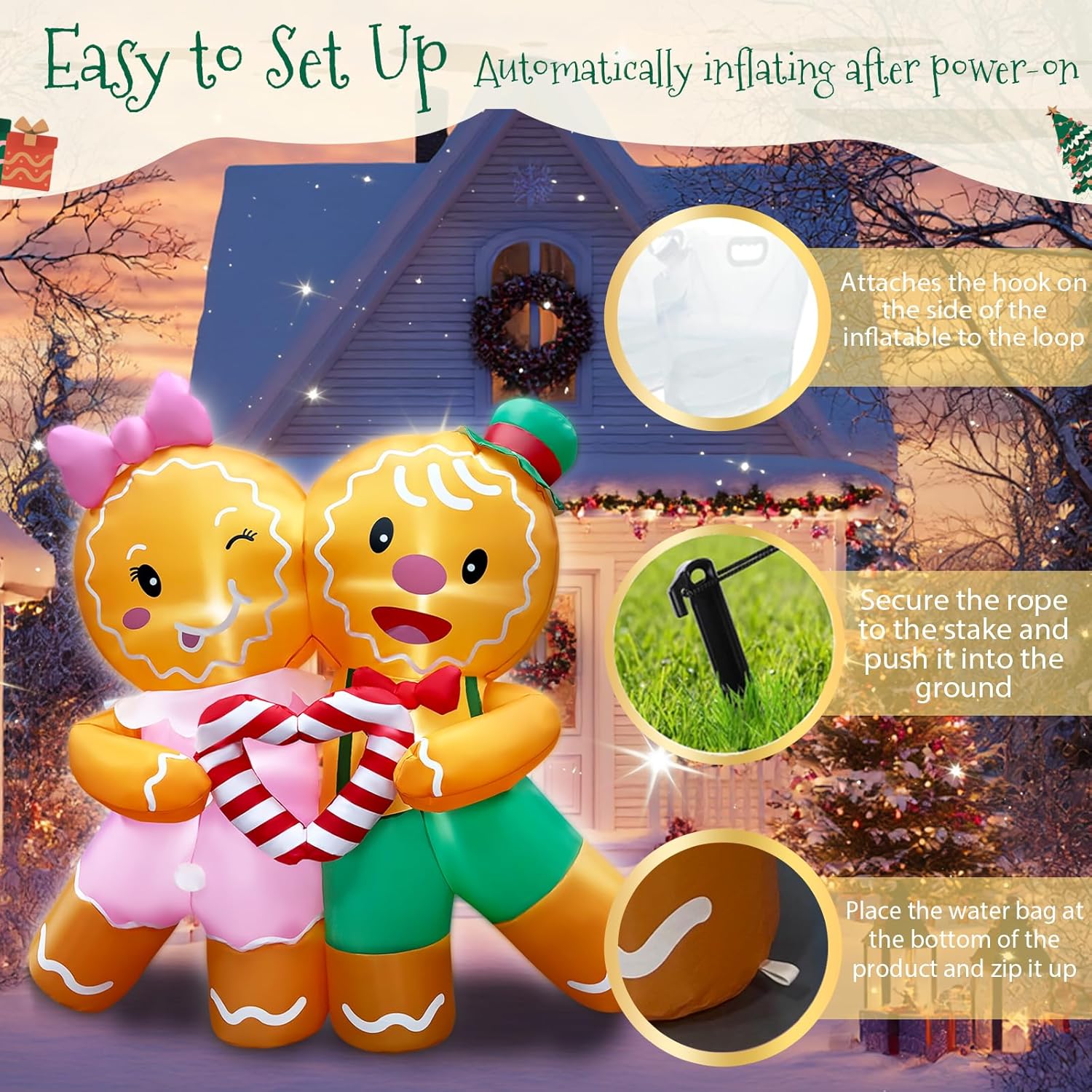 5ft Christmas Inflatables Gingerbread Lovers Decorations Built-in LED Lighted Blow Up Decoration Home Yard Outdoor Indoor Garden Lawn Decor - Image 5