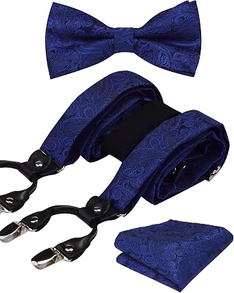GUSLESON Adjustable Paisley Floral 6 Clips Y Shape Suspenders Pre-tied Bow Tie and Pocket Square Set with Gift Box