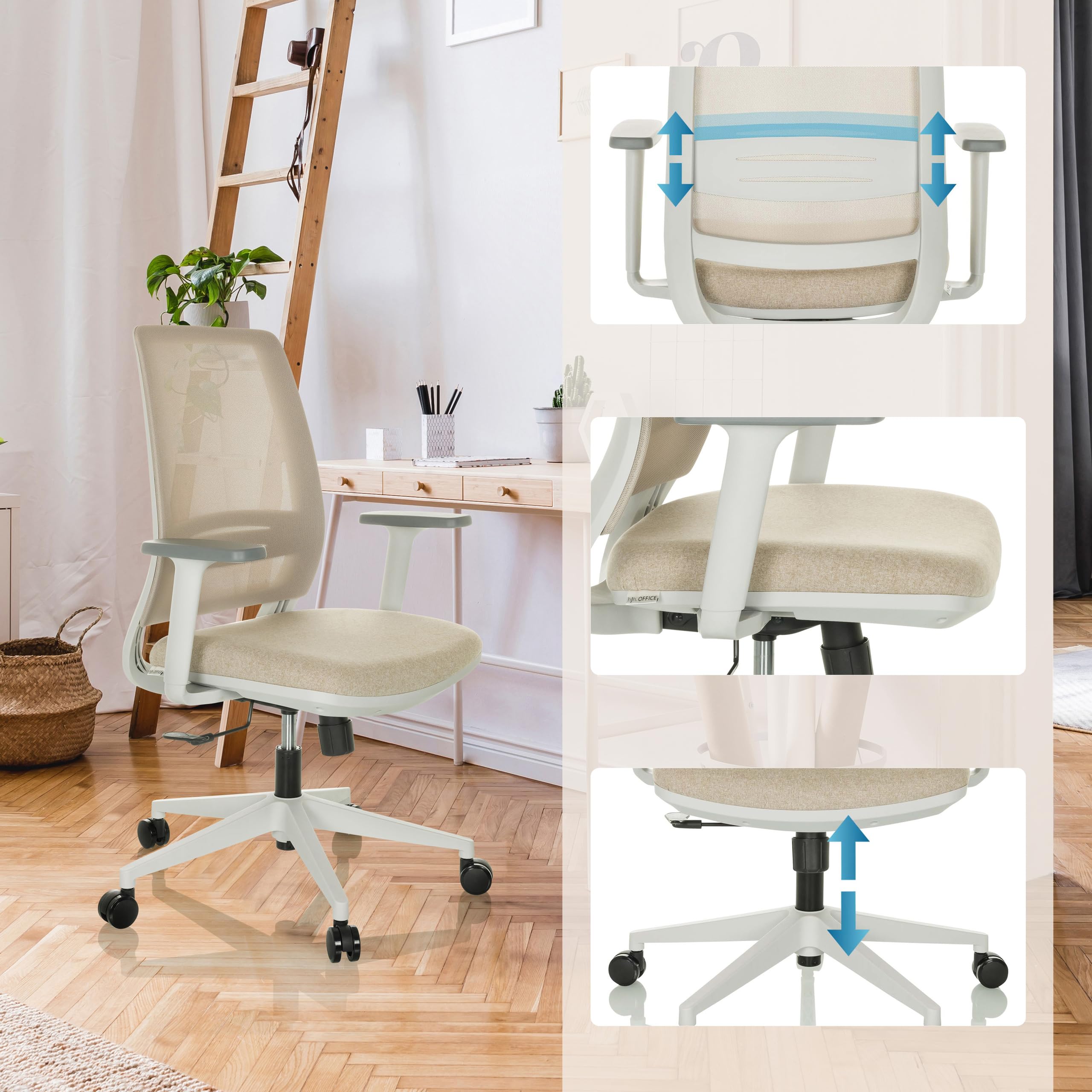 hjh OFFICE Bürostuhl ergonomisch PROFONDO ECO W Drehstuhl atmungsaktiv mit Verstellbarer Lordosenstütze, Beige Netzstoff/Stoff