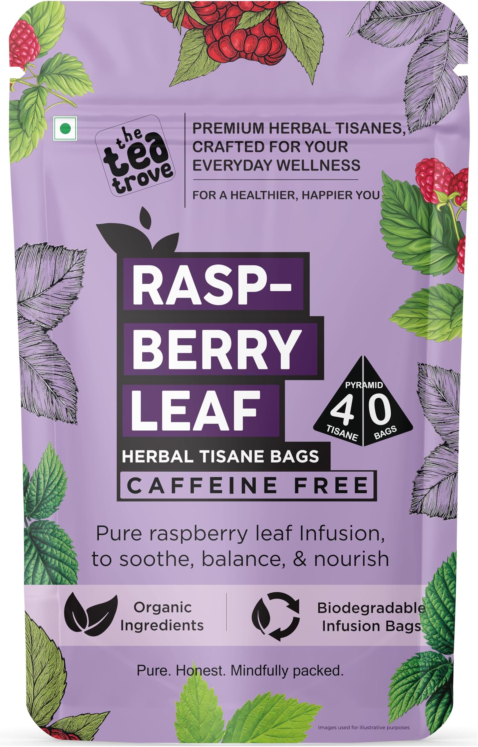 Organic Red Raspberry Leaf Tea Bags - 40 Pyramid Caffeine Free Raspberry leaf tea Bag in Resealable pouch to Supports the Female System