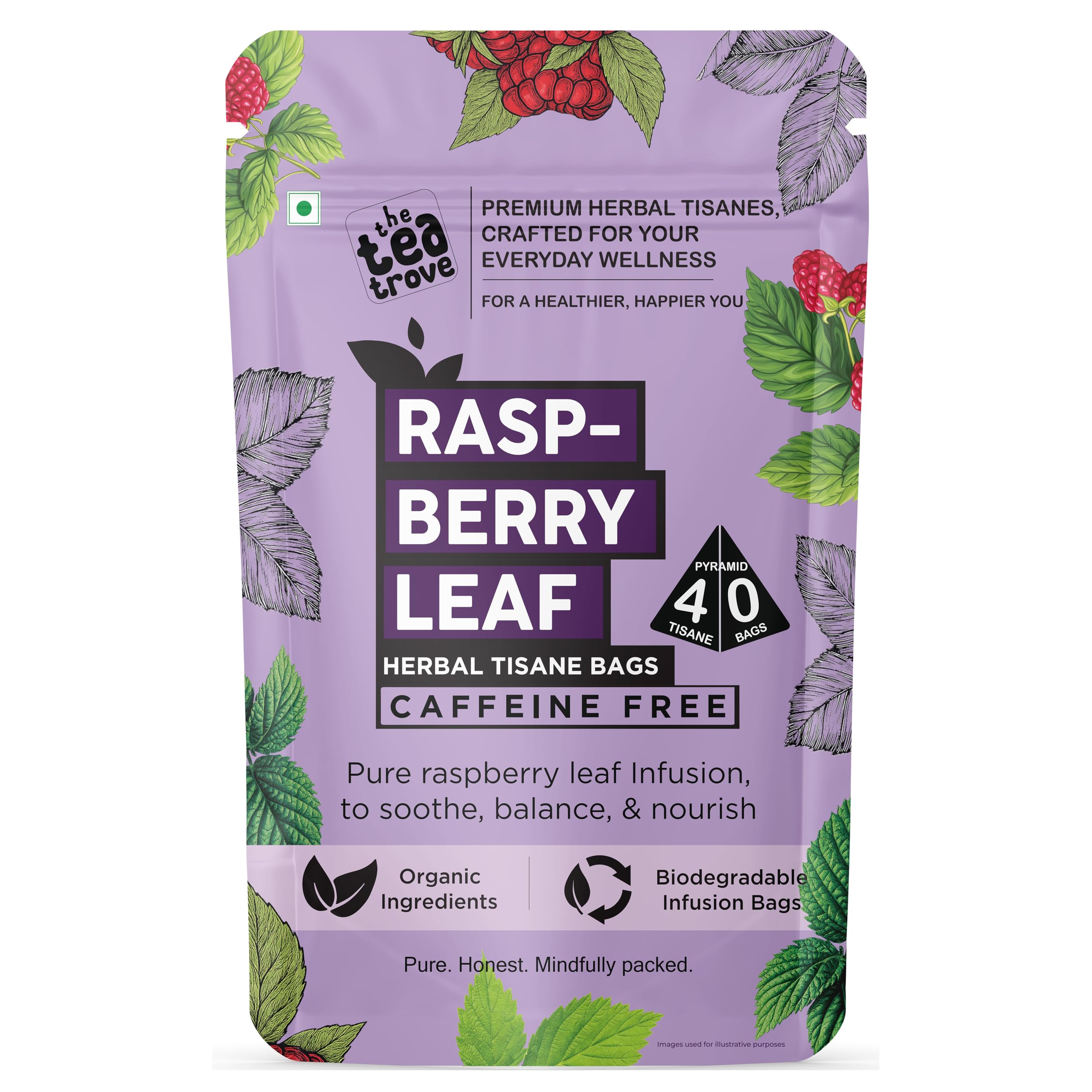 The Tea Trove Organic Red Raspberry Leaf Tea Bags - 40 Pyramid Caffeine Free Raspberry leaf tea Bag in Resealable pouch to Support Women’s Wellness