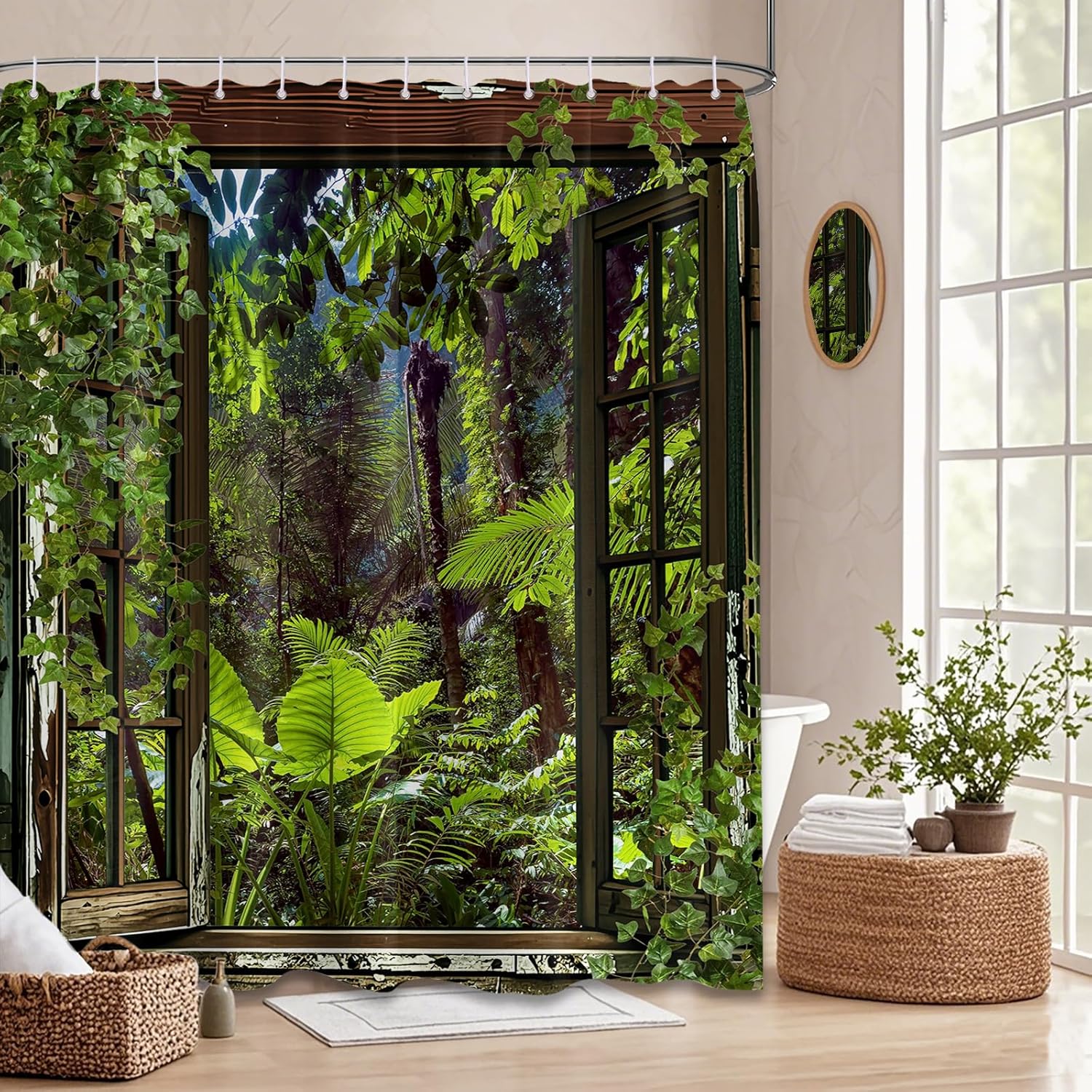 Jungle Rainforest Shower Curtain 3D Wooden Windows Nature Landscape Scenic Bathroom Decor, Waterproof Cloth Fabric with Hooks 60" W x 72" L