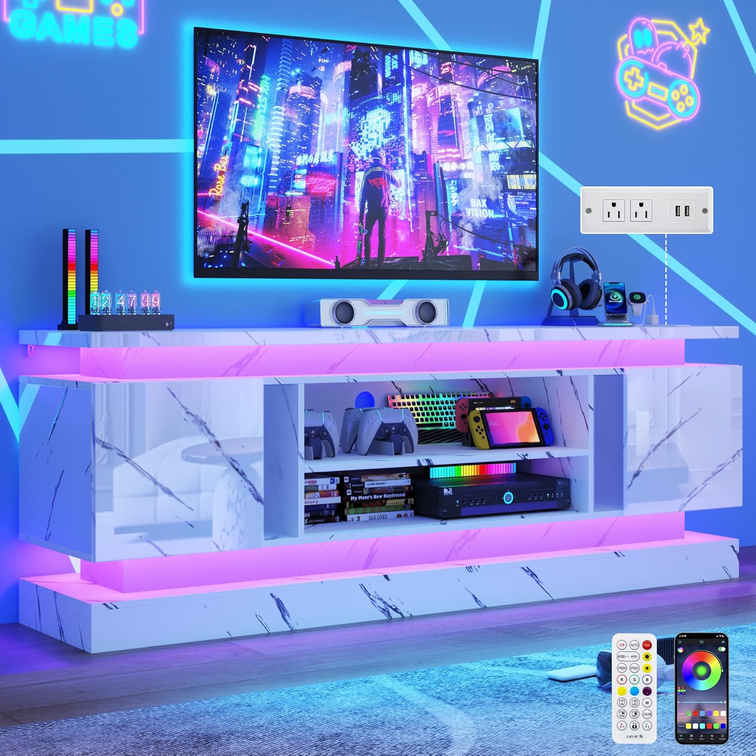 71" 2 LED Marble TV Stand for TVs 85 inch,High Gloss Gaming Tall Entertainment Center w/Power Outlet,6000-Colors LED Lights,Modern TV Media Console Table with 2 Cabinets for Living Room,White Marble