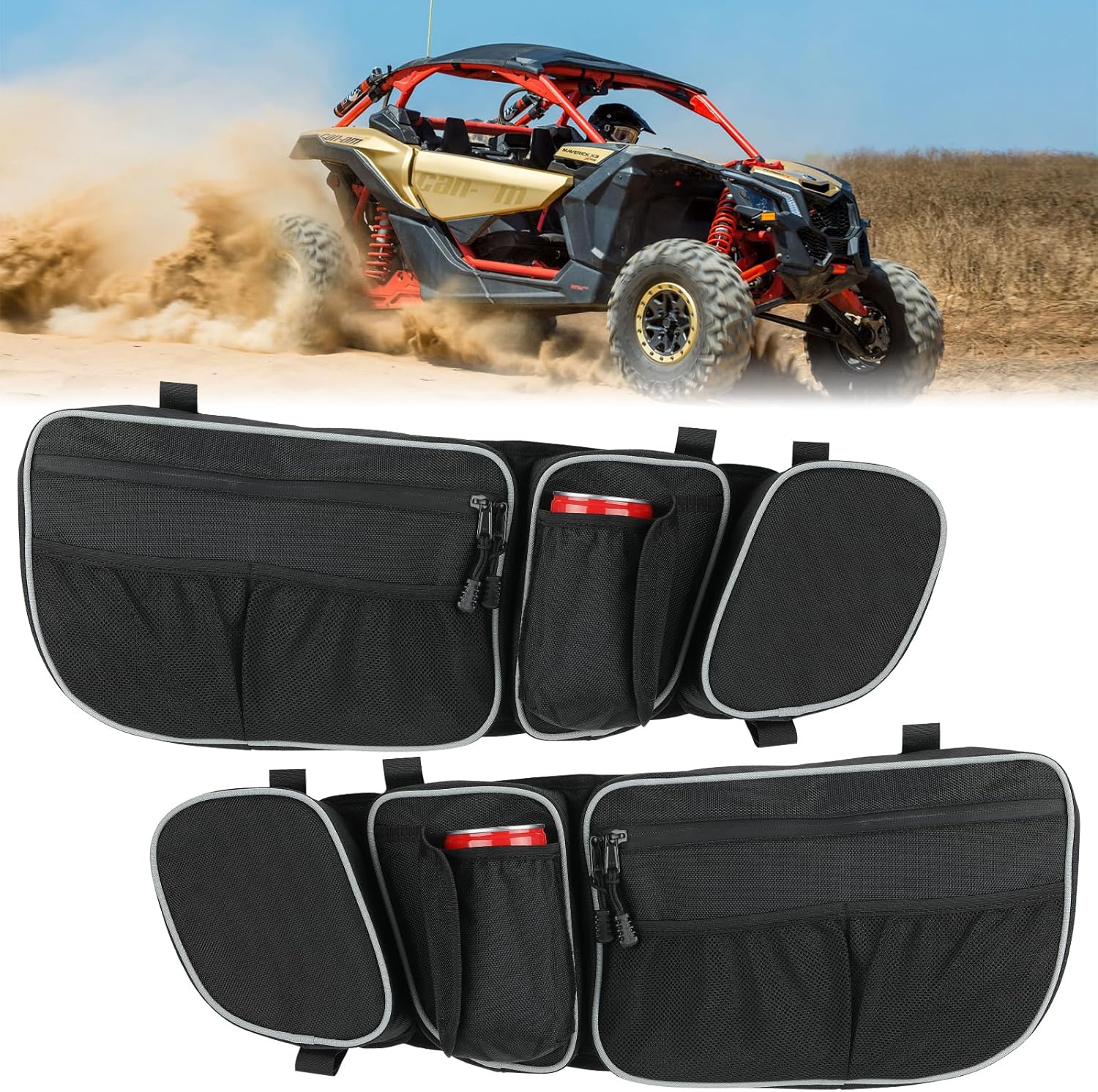X3 Door Bags Storage Bags Compatible with Can Am Maverick X3 and MAX 2017-2025 Front Upper Door,with Cup Holder Removable Knee Pad, Pack of 2