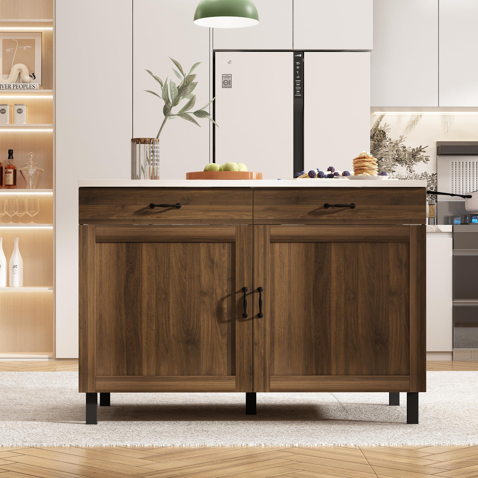 Isola cucina con piano di lavoro, armadio da cucina a cassetti, tavolo centrale con ante e cassetti, buffet marrone e bianco, 120x60x85 cm, MDF