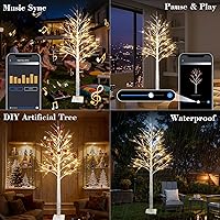Vista 7 de Árbol de abedul iluminado inteligente de 6 pies con luces LED WW para decoración de Navidad, control de aplicación y botón, sincronización musical