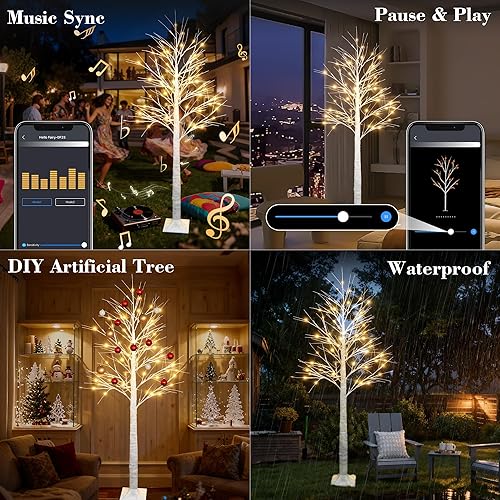 Miniatura 7 de Árbol de abedul iluminado inteligente de 6 pies con luces LED WW para decoración de Navidad, control de aplicación y botón, sincronización musical,