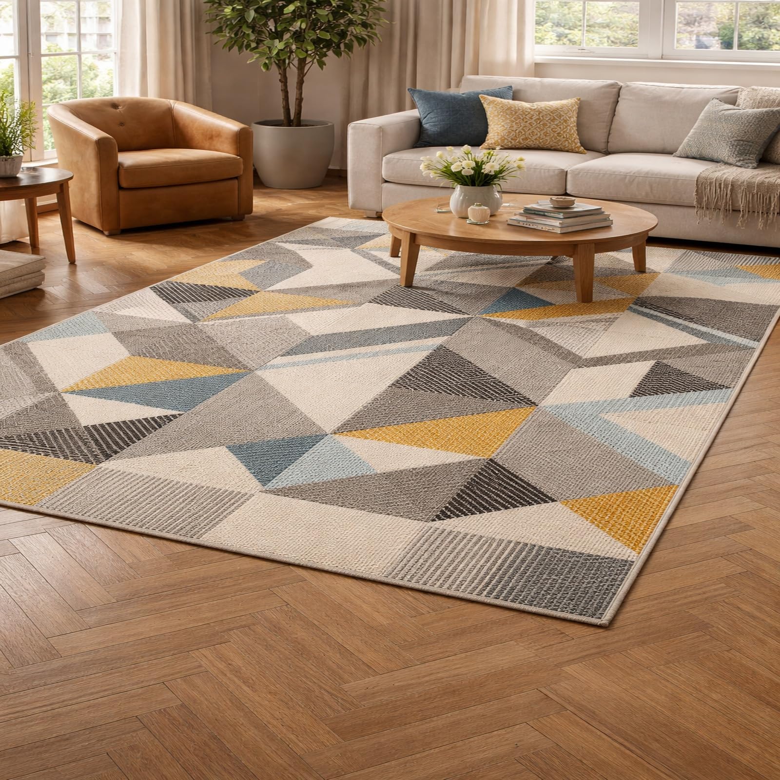 Tapis de salon chic à poils courts 200x280 cm avec finitions géométriques