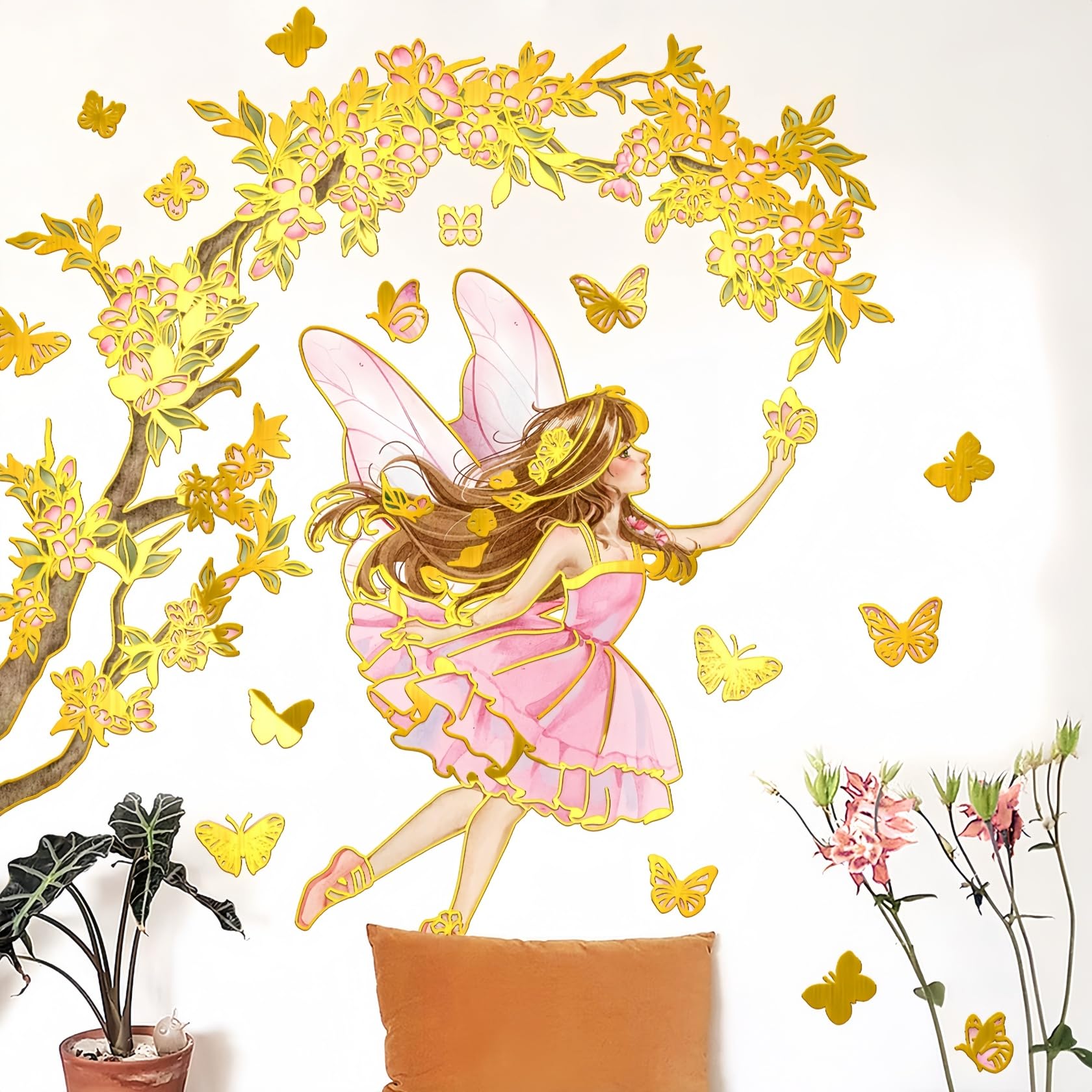 Lekabee Golden Flower Fairy Wall Stickers, Floral Butterfly Wall Decal, Girls Bedroom Baby Nursery Kids Room Wall Decor (Style_B) - Image 2