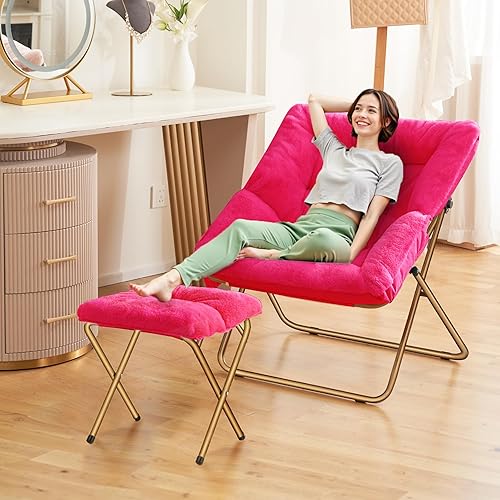 Miniatura 6 de Silla plegable Comfy Saucer para sala de estar, silla de piel sintética suave para dormitorio, sillas de lectura para adultos y niños, XL, rosa