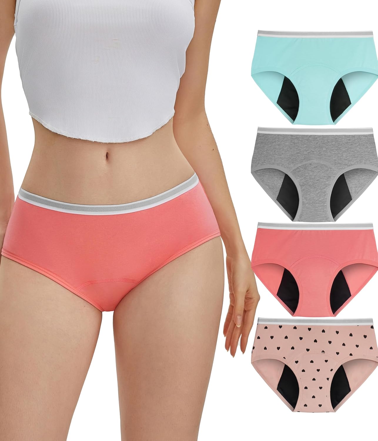 Teen Girls Period Underwear, Menstrual Leak-Proof Heavy Flow Absorbency Washable Protective Cotton Panties 4 Pack