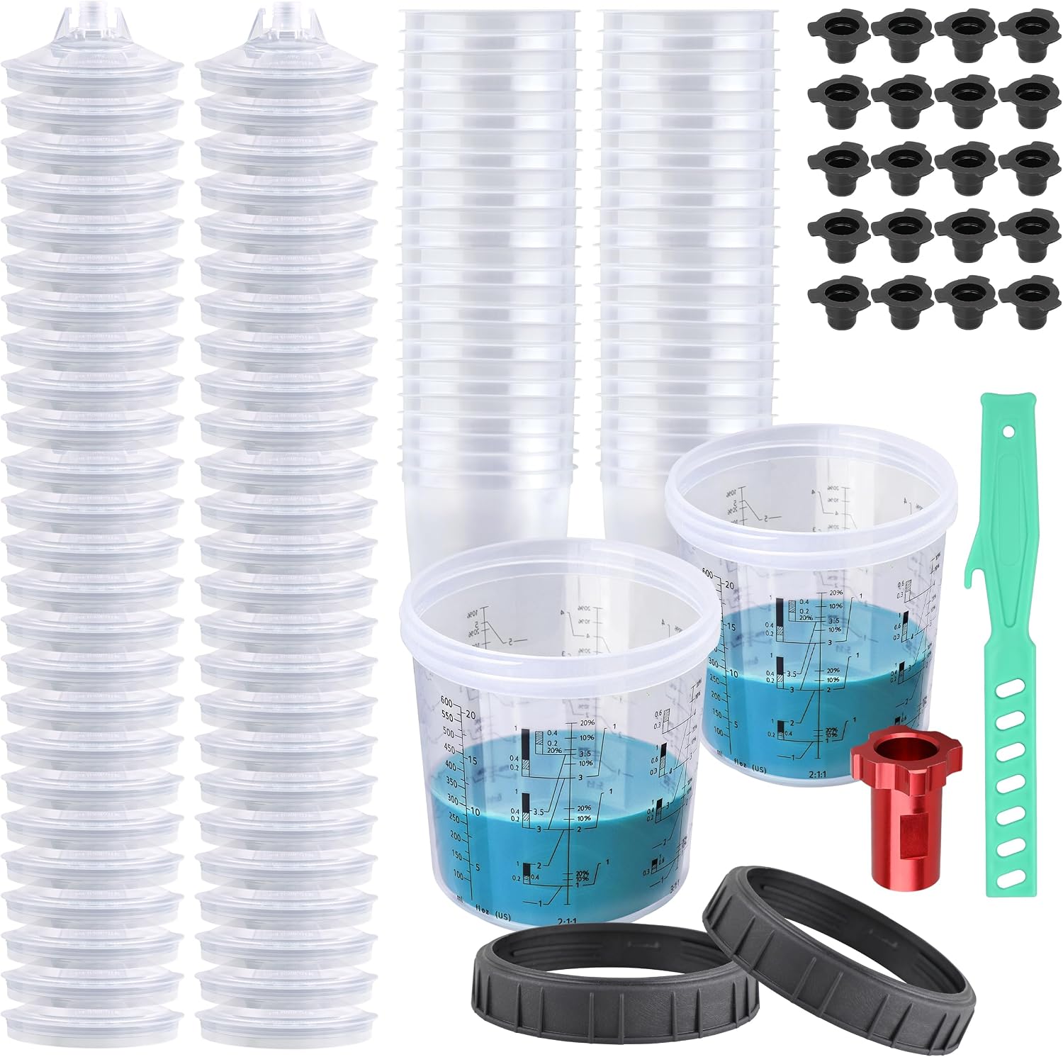 Disposable Paint Spray Gun Cups for Automotive Paint Gun, Paint Mixing Cups 20 Ounce Kit - 50 Pack Paint Cups with Lids,2 Hard Cups with 2 Retainer Rings,1 Paint Gun Adapter and 1 Paint Stirrer